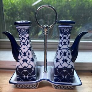 Vintage Bombay Blue and White Ceramic Oil and Vinegar Cruet Set with Stand